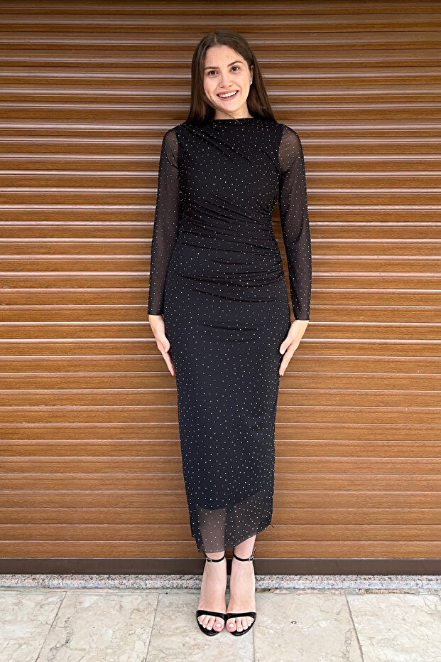 Taşlı Bisiklet Yaka Drapeli Tül Maxi Elbise - 1