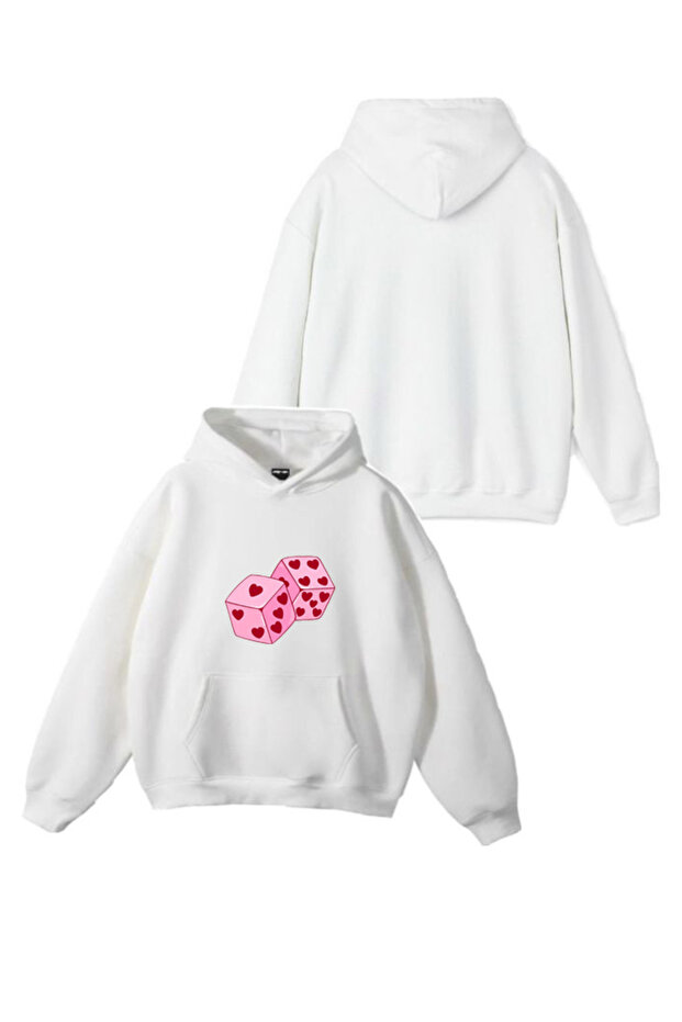 New Season Pink Dice Printed 3 Thread Cotton Hooded Sweatshirt