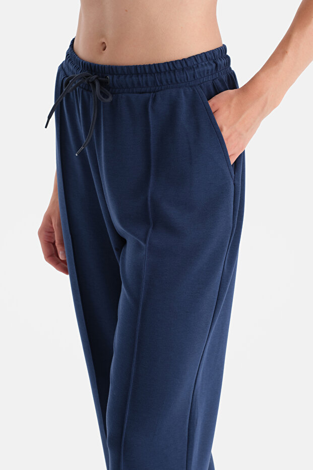 Navy Blue Wide Leg Ribbed Basic Modal Pants - 5