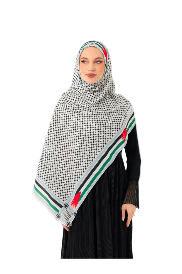 Shawl Palestine Kefiye Patterned Long Flag Border Tasselless Women's Shawl 70X180 cm