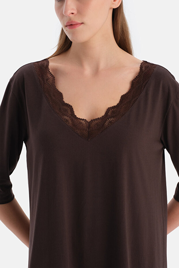 Koyu Kahve V Yaka Dantelli Örme Gecelik - 5