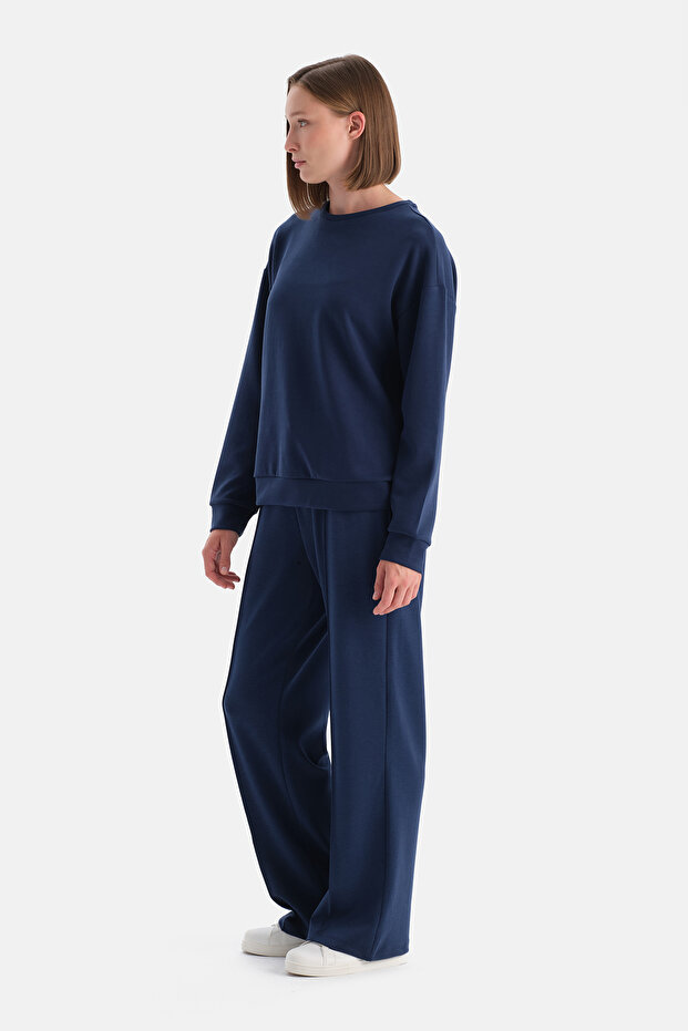 Navy Blue Wide Leg Ribbed Basic Modal Pants - 3