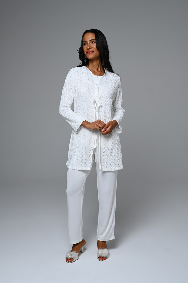Long Sleeve Button down Women's Pajama Set with Robe 3 Piece Set