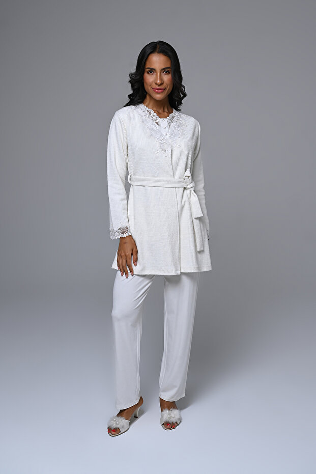 Long Sleeve Women's Pajama Set with Lace-Up Sleeves, 3-Piece Set