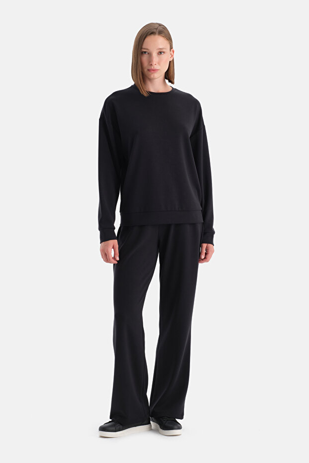 Siyah Bol Paça Basic Modal Pantolon - 1