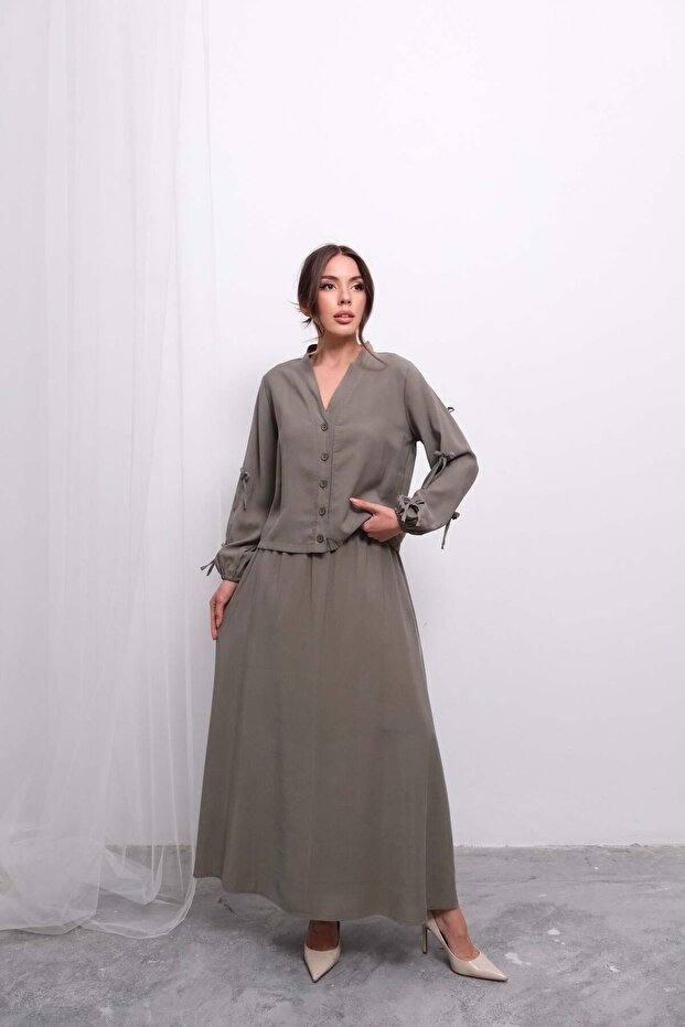 Relaxed Fit V-Neck Top and Flowy Skirt Set D005- Khaki