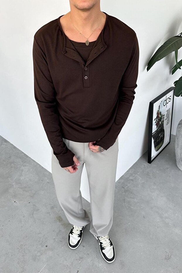Brown Buttoned Collar Relaxed Long Sleeve T-Shirt