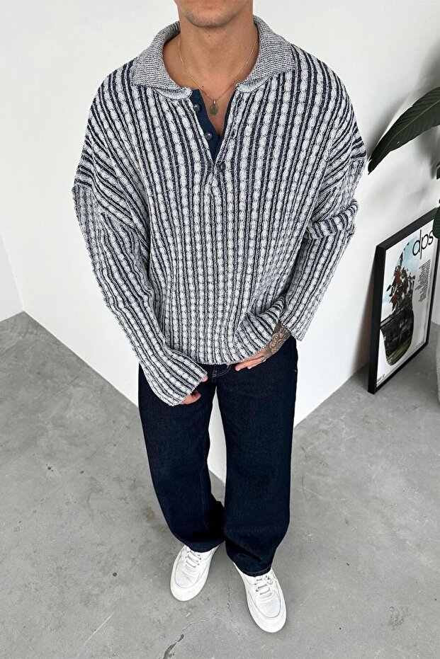Navy Blue Knitted Patterned Premium Oversize Polo Neck Sweater