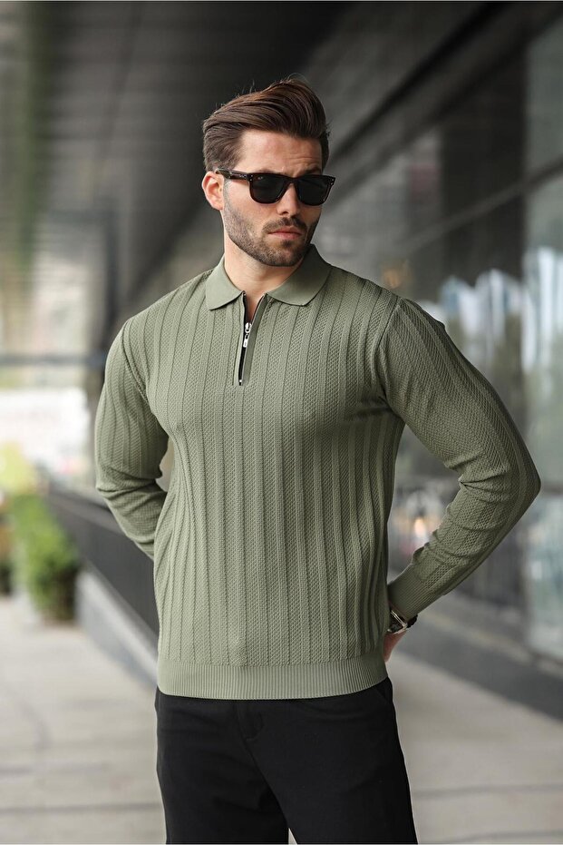 Khaki Half Zip Polo Neck Knitwear Sweater E7426