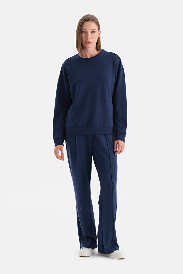 Navy Blue Wide Leg Ribbed Basic Modal Pants - 4
