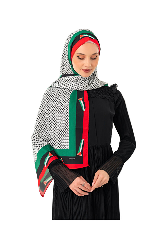 Palestinian Shawl Keffiyeh Patterned Without Tassels Palestinian Shawl with Palestinian Flag Border S100048 - 5