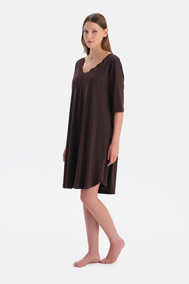 Koyu Kahve V Yaka Dantelli Örme Gecelik - 4