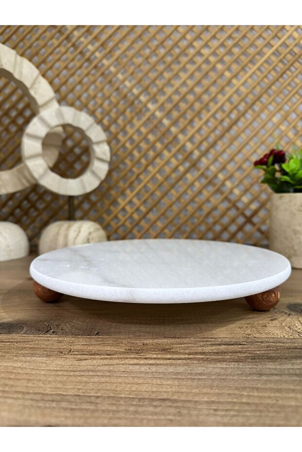 Presentation Stand 28 cm Natural White Marble with Natural Wooden Legs