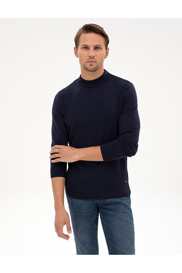 Navy Blue Slim Fit Quarter Collar Knitwear Sweater 50315728-Vr033