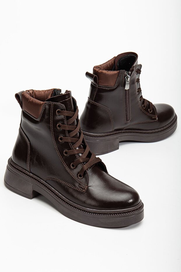 Women's Brown Leather Lace-Up and Zippered Boots