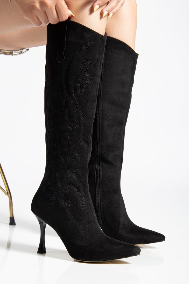 Women's Boots - Zippered Heeled Long Pointed Toe Faux Leather Embossed Embroidered Floral