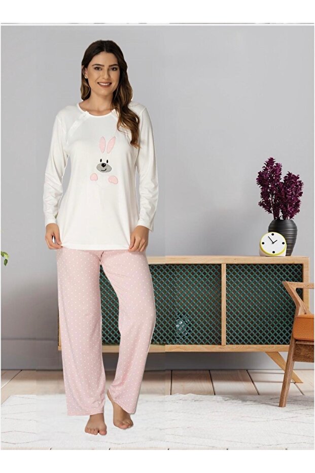Women's Pink Special Design Rabbit Patterned Long Sleeve Maternity Pajama Set