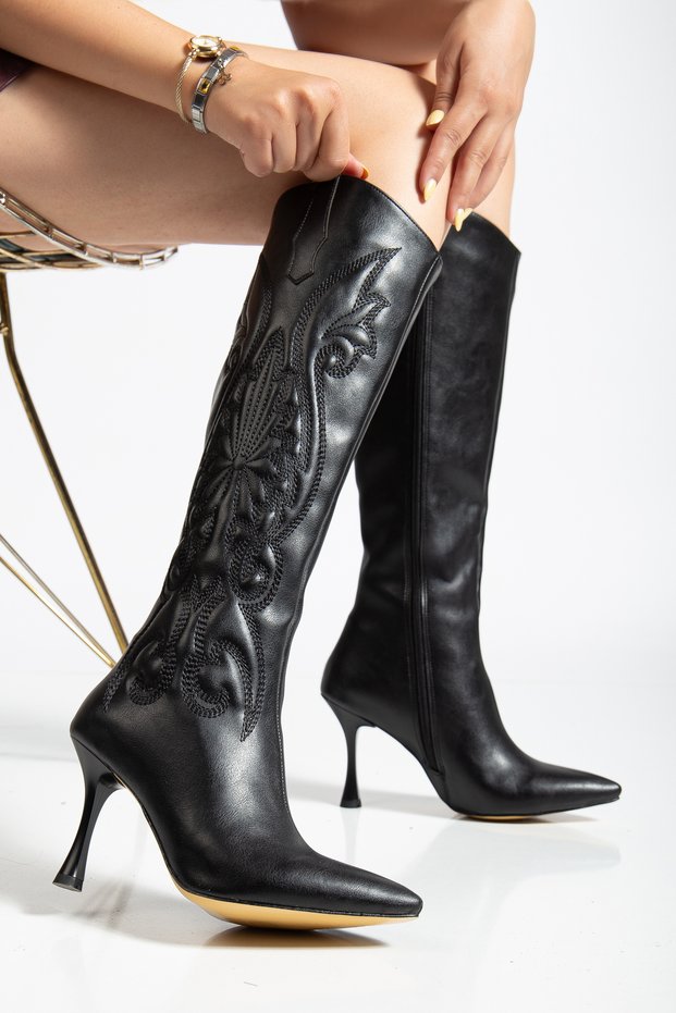 Women's Black Long Zipper Embroidered Thin Heeled Boots