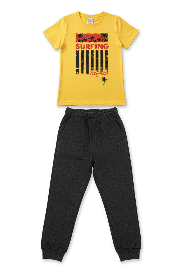 Cotton Short Sleeve Pocketed Leg Band Boys Pajama Set | Yellow