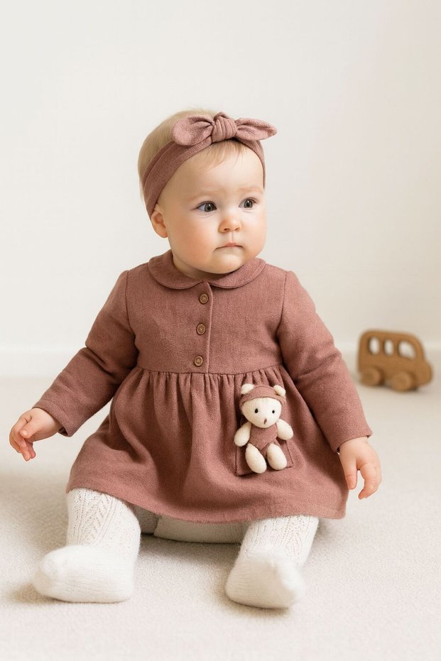 Baby Girl/Child Bandana Teddy Bear Dress Dried Rose