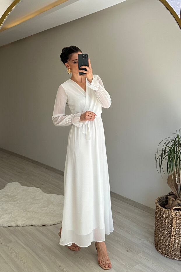 Women Long Sleeve Belted Maxi Chiffon Dress Nm001