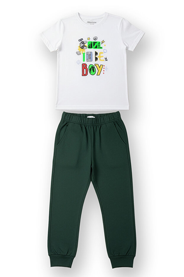 Cotton Short Sleeve Pocketed Leg Band Boys Pajama Set | White