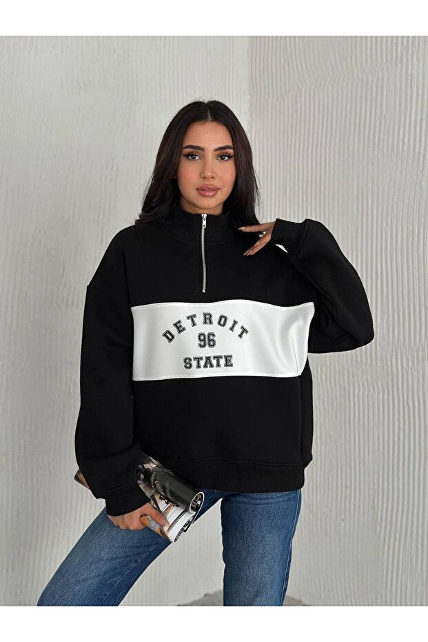 Detroit Summer Detailed Zippered Collar 3 Thread Sweatshirt