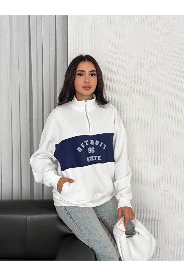 Detroit Summer Detailed Zippered Collar 3 Thread Sweatshirt
