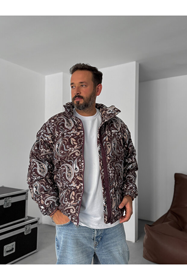 معطف مخملي منقوش باللون البني G-5776/1 - 5