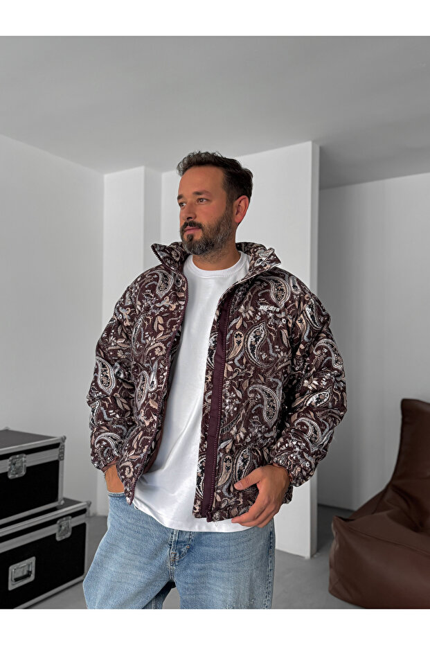 معطف مخملي منقوش باللون البني G-5776/1 - 4