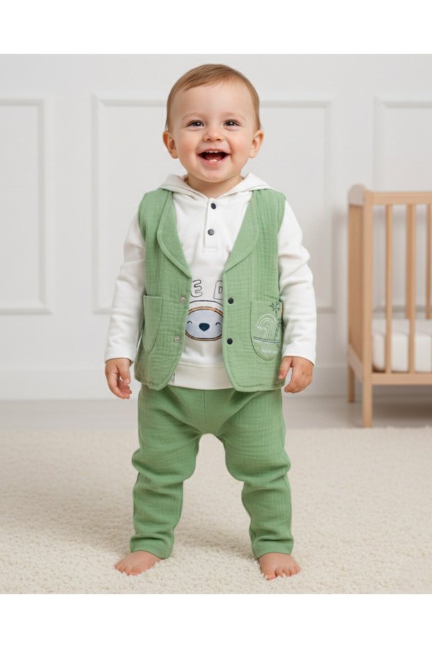 Baby Boy 3-Piece Muslin Set with Vest, Stylish Seasonal Set for 6-9-12-18 Months