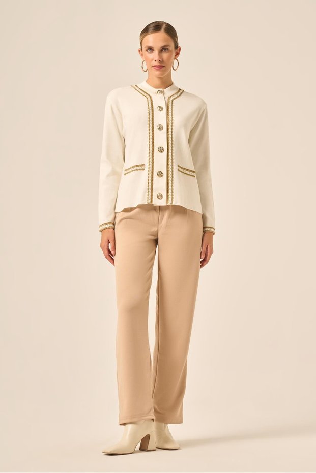 Women's Stripe Detailed Knitwear Cardigan Ecru 25199