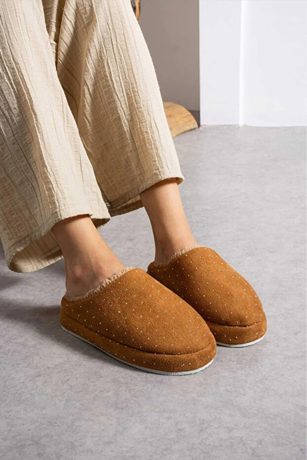 Women's Fur-Lined Stylish Stone-Embroidered Warm-Lined House Slippers Bohça Dowry Slippers