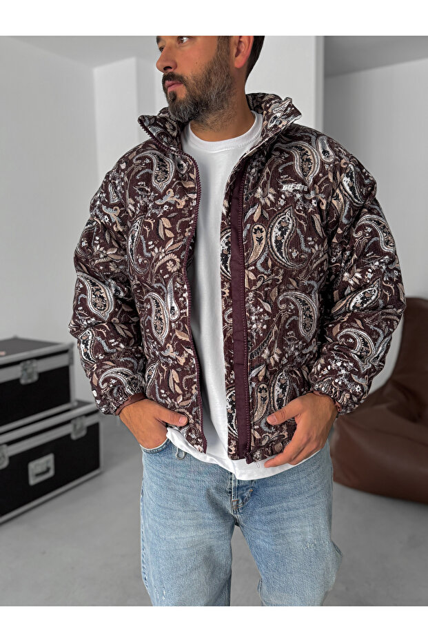 معطف مخملي منقوش باللون البني G-5776/1 - 3