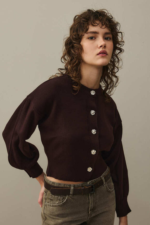 Dore Düğmeli Triko Hırka Mürdüm - 5