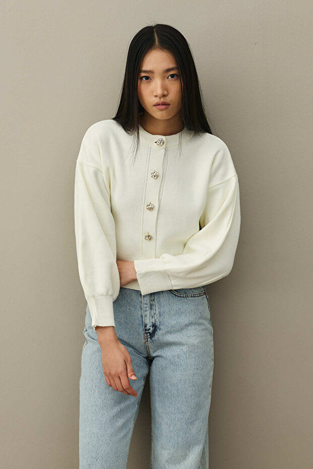 Dore Düğmeli Triko Hırka Ekru - 5