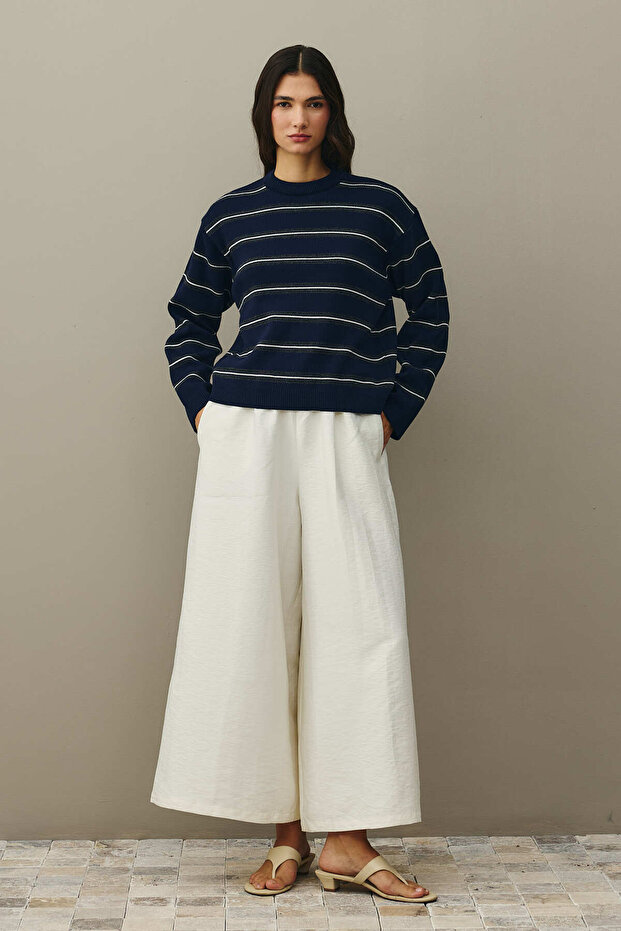 Çizgili Basic Triko Kazak Lacivert - 1