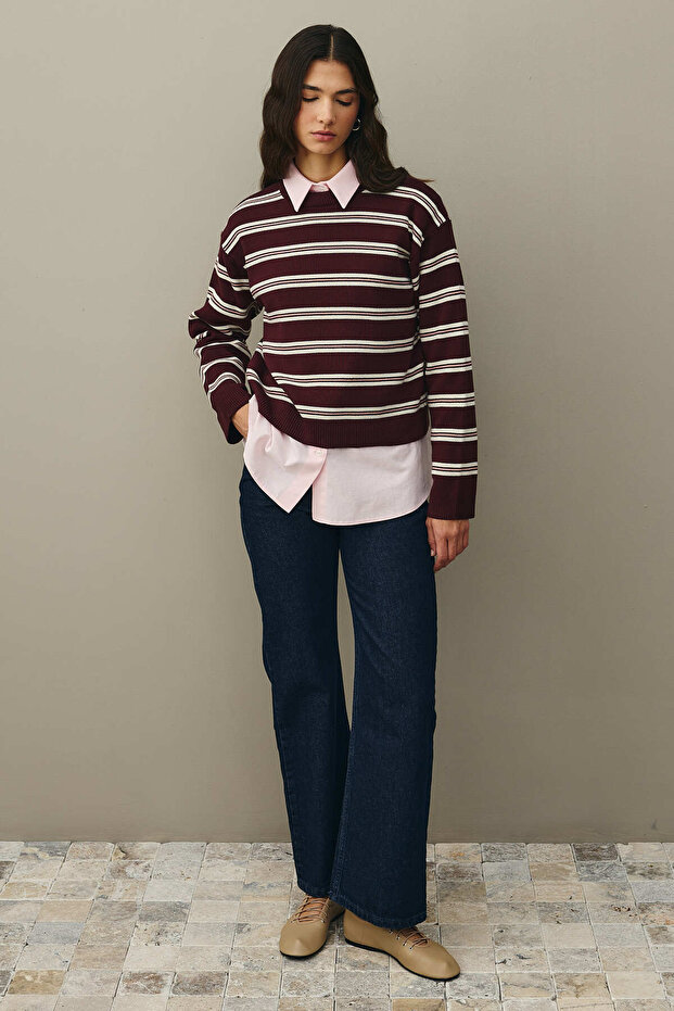 Çizgili Basic Triko Kazak Bordo - 5