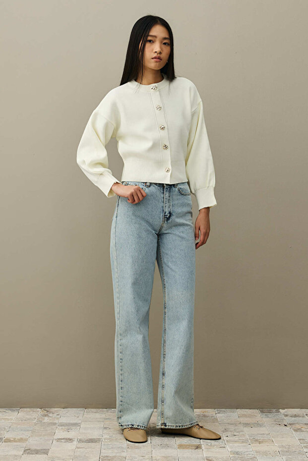 Dore Düğmeli Triko Hırka Ekru - 3