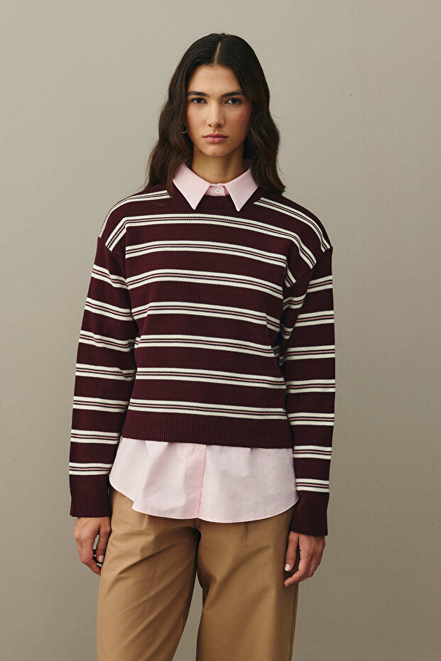 Çizgili Basic Triko Kazak Bordo - 3