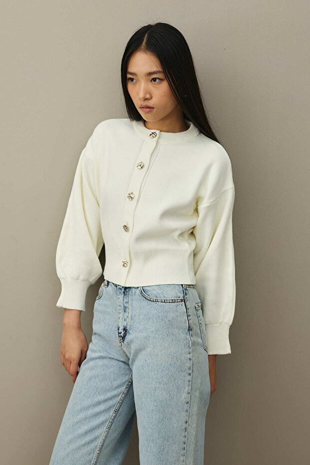 Dore Düğmeli Triko Hırka Ekru - 6
