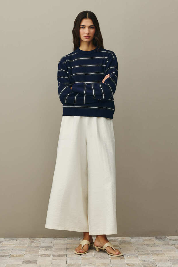 Çizgili Basic Triko Kazak Lacivert - 2