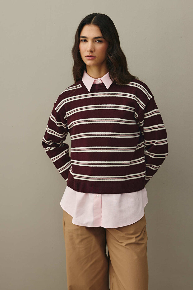 Çizgili Basic Triko Kazak Bordo - 4