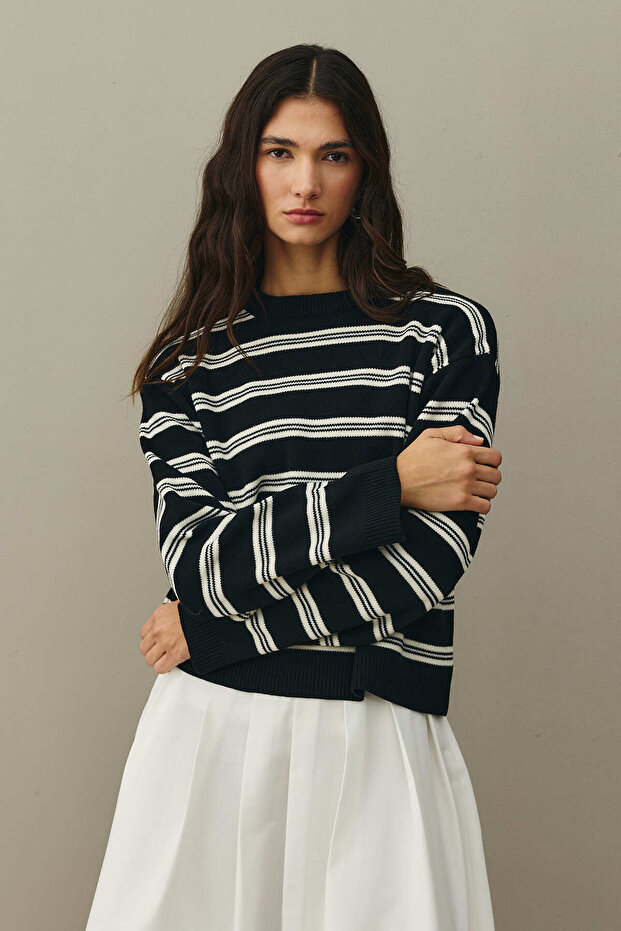Çizgili Basic Triko Kazak Siyah - 2