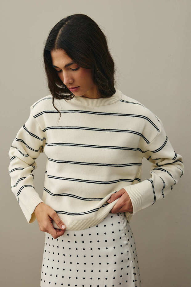 Çizgili Basic Triko Kazak Ekru - 6