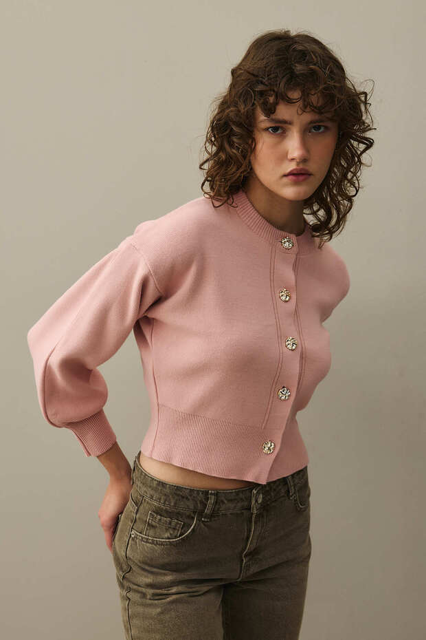 Dore Düğmeli Triko Hırka Pembe - 4