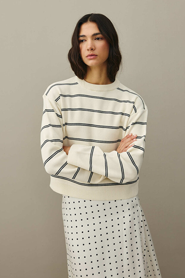 Çizgili Basic Triko Kazak Ekru - 4