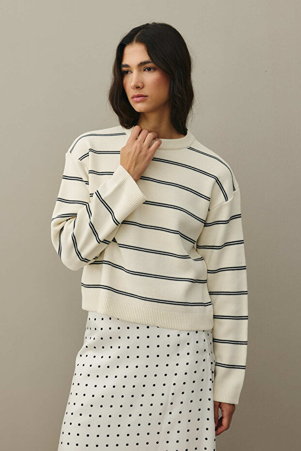 Çizgili Basic Triko Kazak Ekru - 3