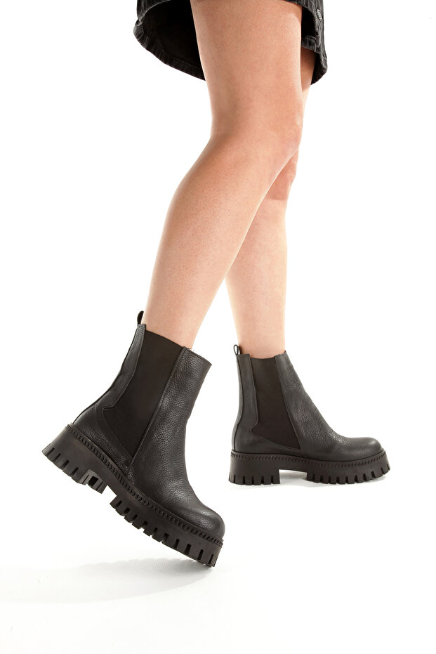 Siyah Hakiki Deri Kadın Chelsea Bot | Kalın Tabanlı Şık Günlük Bot - 1