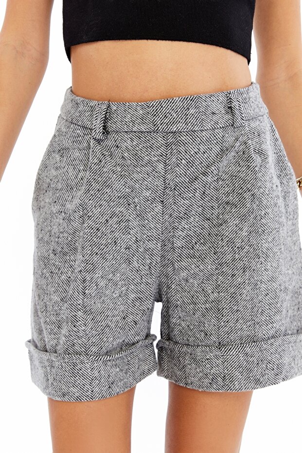 Balık Sırtı Kaşe Cepli Duble Paça Açık Gri Şort - 7